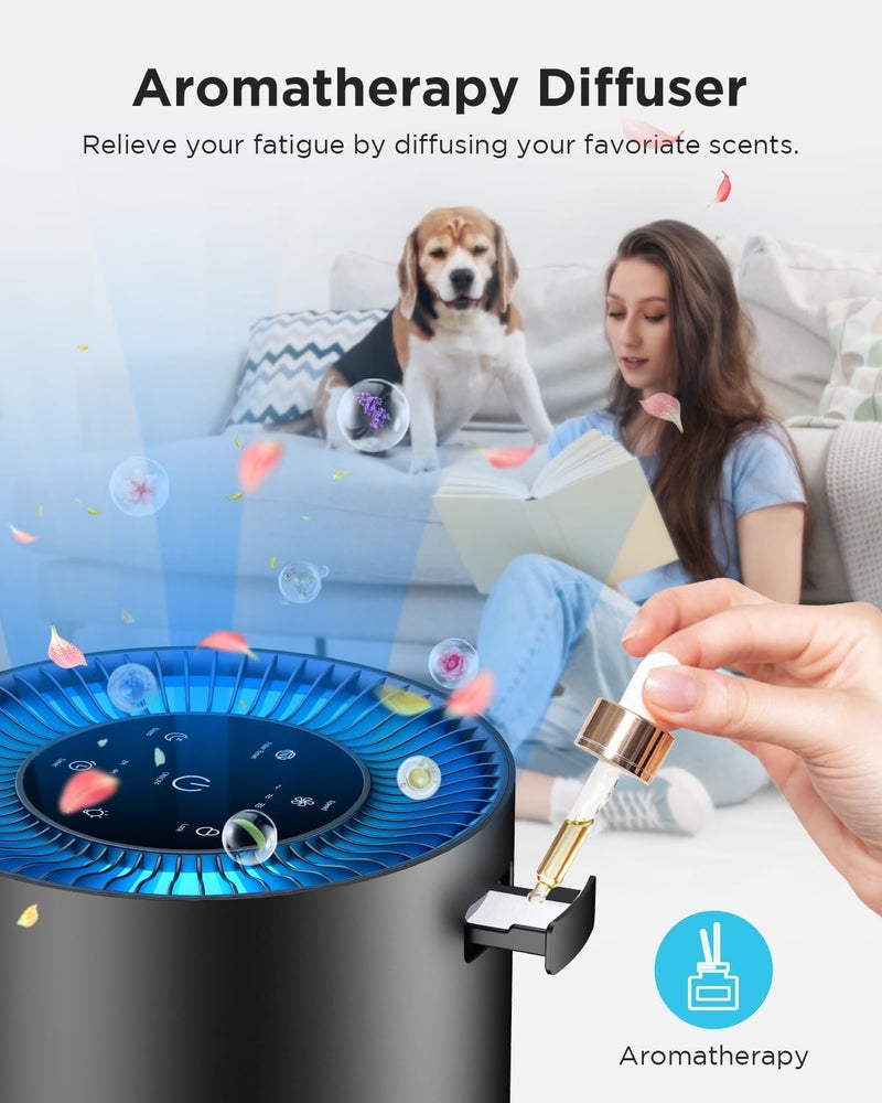 Mooka منقيات الهواء للمنزل غرفة كبيرة للحيوانات الأليفة حتى 1300 قدم مربع، منقي هواء H13 True HEPA مع مدخل هواء 360°، عطر، منقي هواء 13dB لغرفة النوم دخان حرائق الغابات غبار الحيوانات الأليفة حبوب اللقاح (أسود) - Image 5